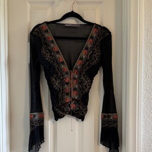 Vintage Hale Bob Black Sheer Embroidered Top with Red Floral Accents